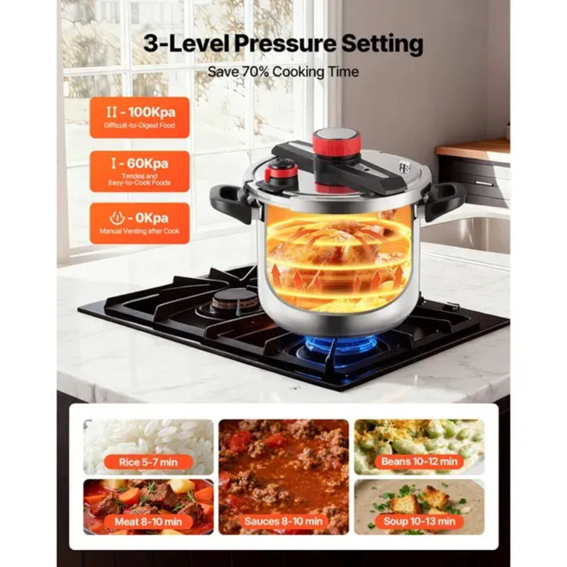 Autocuiseur de 12 pte, cocotte en acier inoxydable avec grille de cuisson à la vapeur et couvercle en verre trempé, trois réglages de pression (jusqu'à 100 kpa) pour les sauces à soupe de haricots et de riz