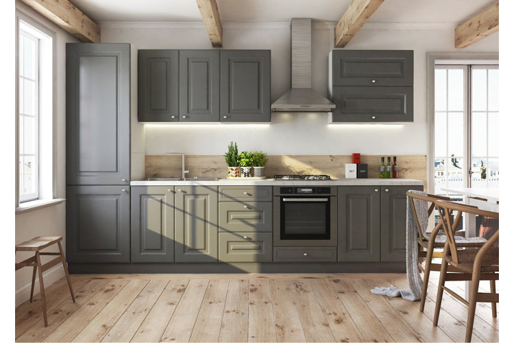 country kitchen with light wood floors and gray upper and lower cabinets