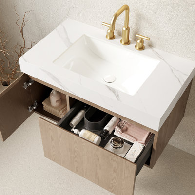 36" Floating Bathroom Vanity Sink, White Sintered Stone And Ceramic Basin, Plywood Cabinet, Pre-Drilled Faucet Holes, Smooth Drawer Opening Top Vanity, Storage With Drawer, Basin 3 Soft-Close System,