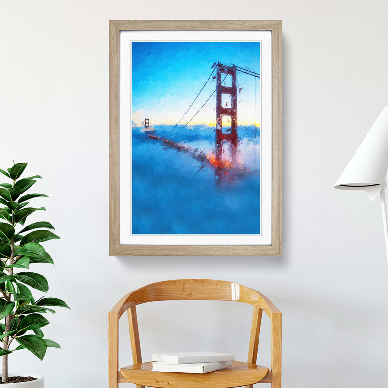 Mist over the Golden Gate Bridge - Picture Frame Graphic Art Print, 65cm H x 48cm W x 2cm D, Oak Framed