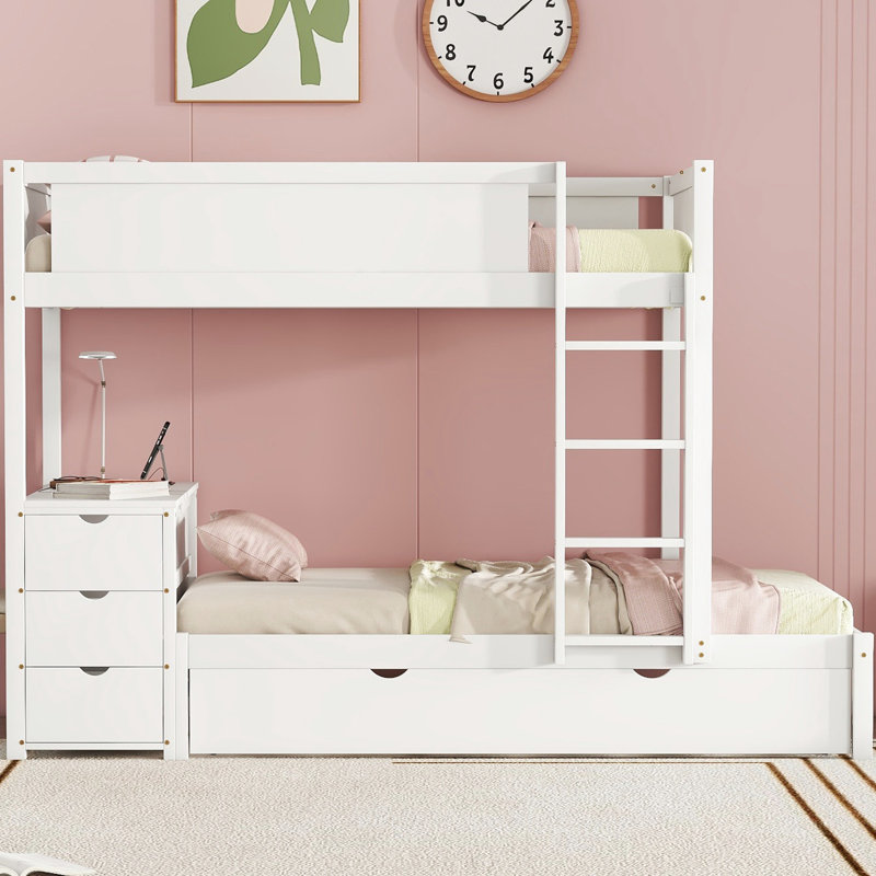 Lit simple superposé simple avec lit gigogne simple, rangement et bureau, blanc