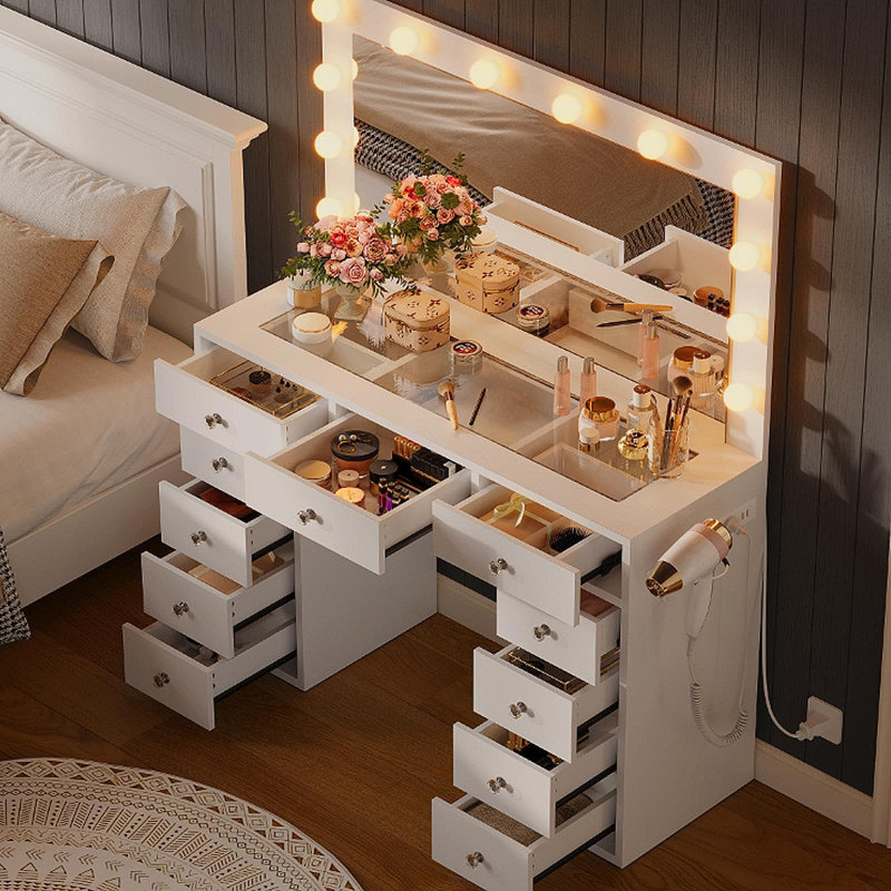 Table de coiffeuse en verre avec lumières DEL, 11 tiroirs, grand miroir, prise de courant, bureau de maquillage en bois pour la chambre ou le salon