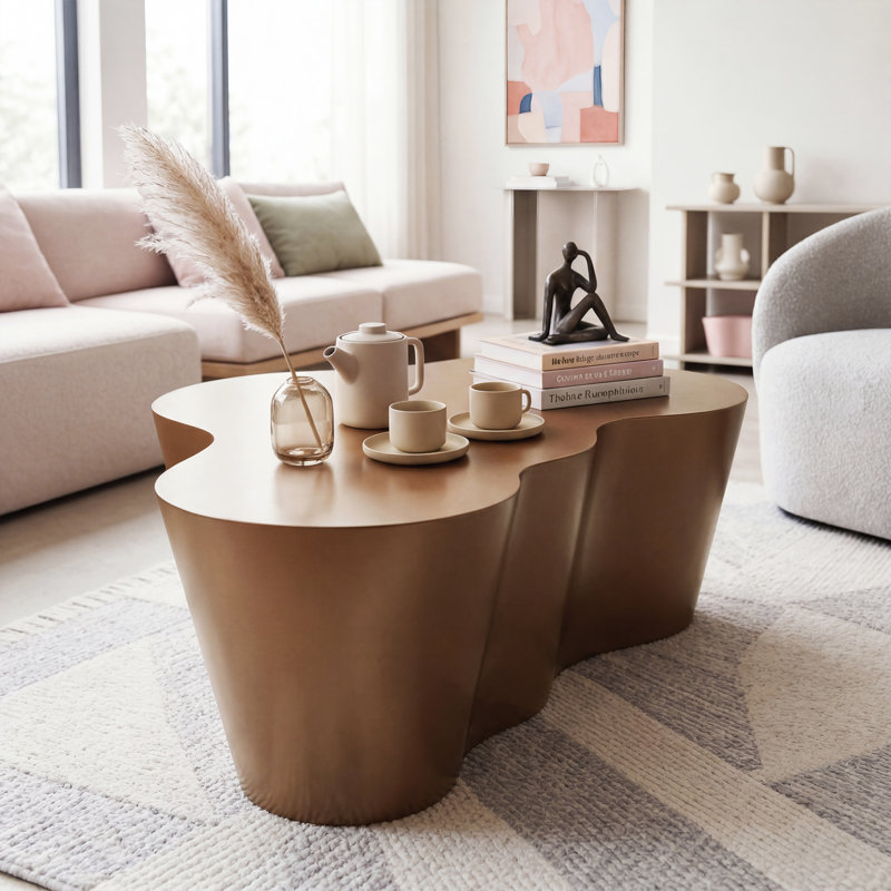 Table basse moderne de 50 po, table de centre irrégulière en fibre de verre, sans assemblage, finition durable, Brun