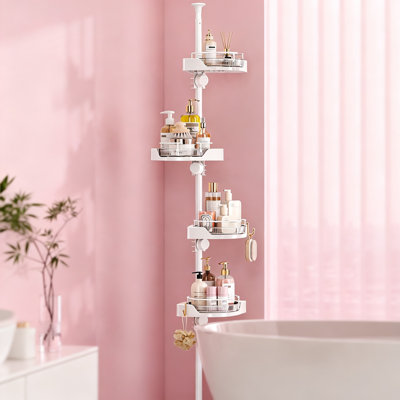 Shower Caddy Tension Pole with 4 Lazy Susan Organizer 360 Rotating, Floor Standing Shelves Adjustable Shower Rack(White)