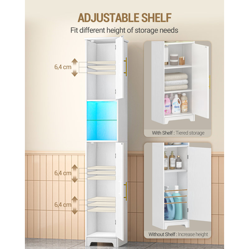 Tall Bathroom Cabinet with Lights, Slim Bathroom Storage Unit with 2 Doors and Adjustable Shelves, Narrow Storage Unit for Small Spaces