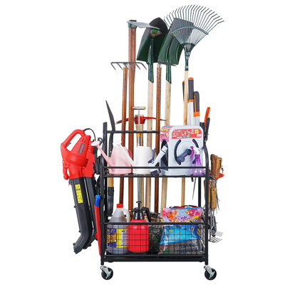 ASA Heavy-Duty Garden Tool Organizer, Weather Resistant, Alloy Steel, 4 Hooks, 16 Racks, Mobile For Garage & Shed