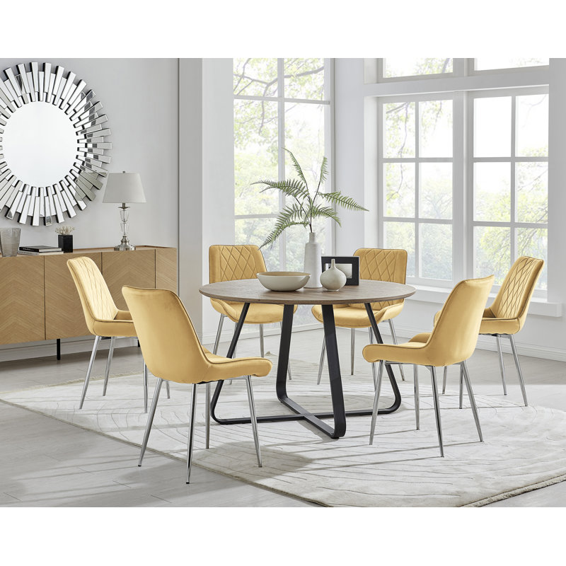 Sandy Classic Wood Effect & Metal Dining Table Set with 6 Luxury Velvet Dining Chairs, Blue/Black