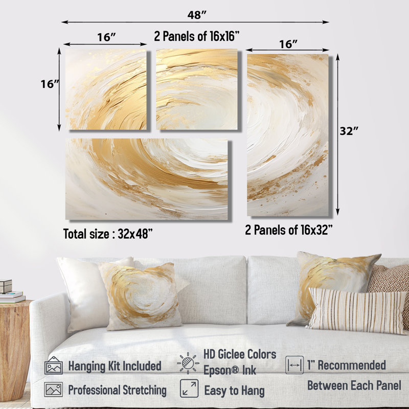 Vortex blanc doux I - art mural sur toile beige 4 pièces, Impression encadrée sans passe-partout, Doré