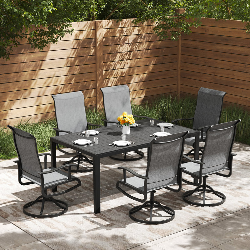 Ensemble de salle à manger d'extérieur pour 6 personnes, chaises de patio pivotantes en textilène respirant et table de salle à manger rectangulaire, ensemble de salle à manger toutes saisons pour la pelouse, le jardin et la cour