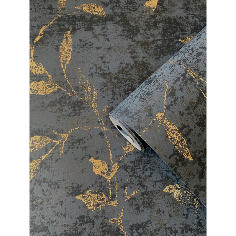 Elegance Collection Leaf Impression Metallic Finish Wallpaper Roll, Blue