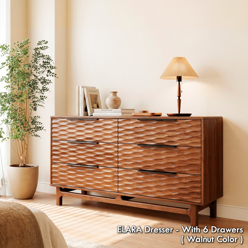ACACIA Elara 6-Drawer Walnut Solid Wood Dresser – Horizontal Bedroom Wood Dresser With CNC Wave Texture – Mid-Century Wide Chest Of Drawers, 5 Years Warranty