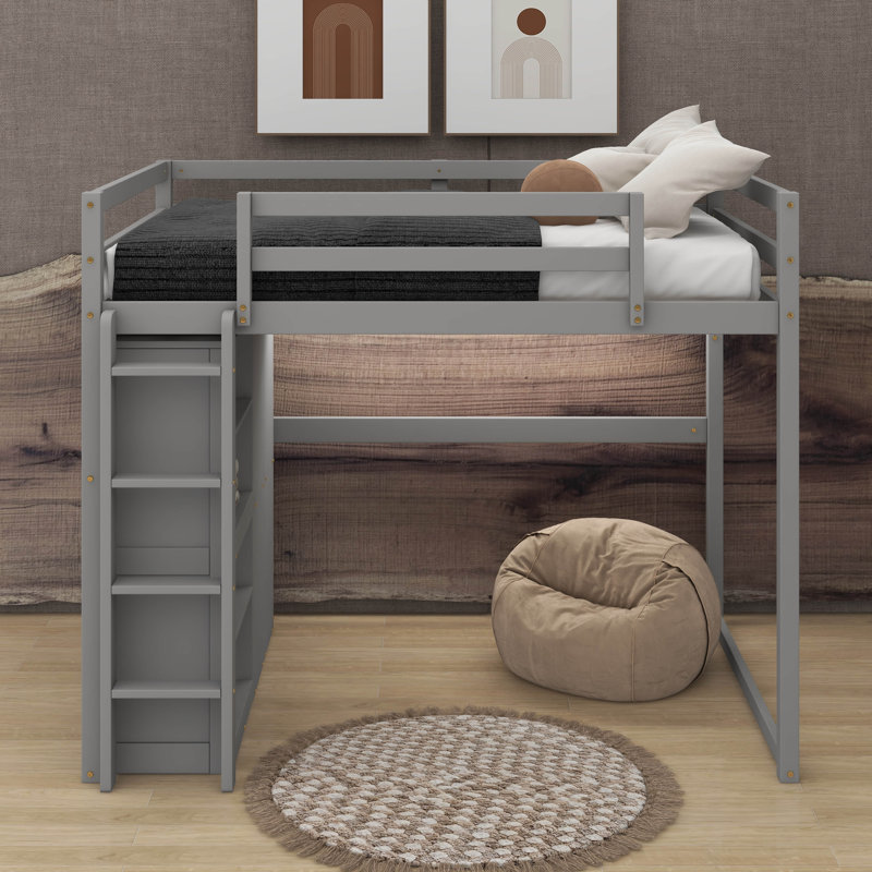 Lit mezzanine double avec tablettes et DEL, Gris