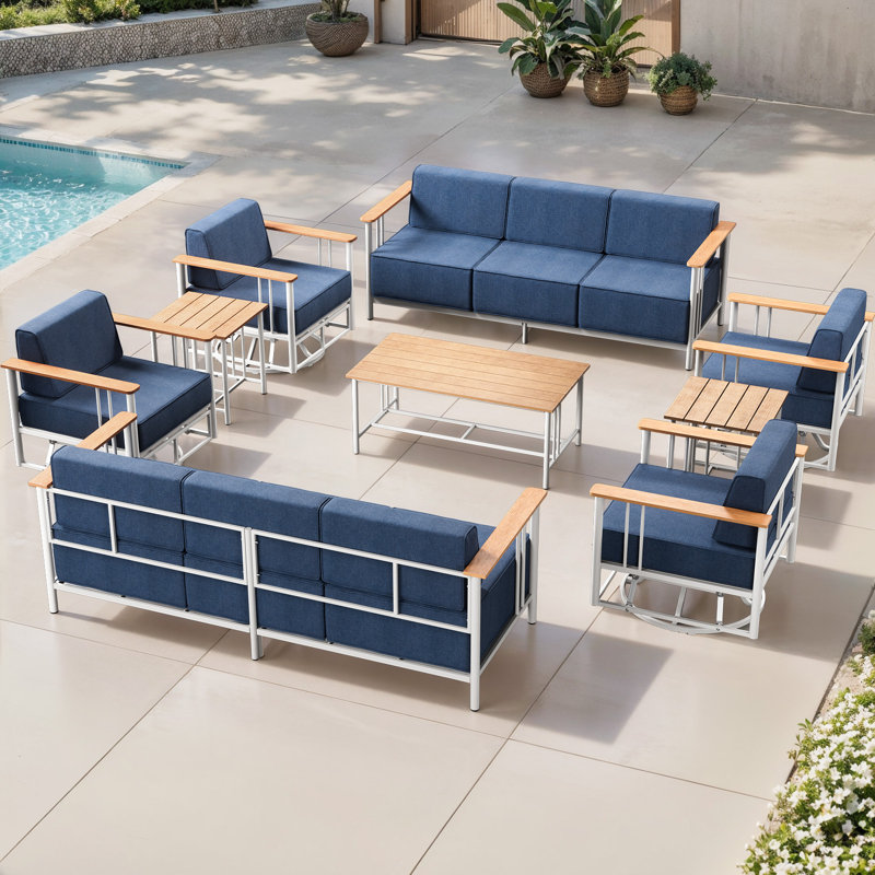 Ensemble de patio extérieur en osier 9 pièces avec canapé, chaises berçantes pivotantes et table basse, Bleu, Blanc