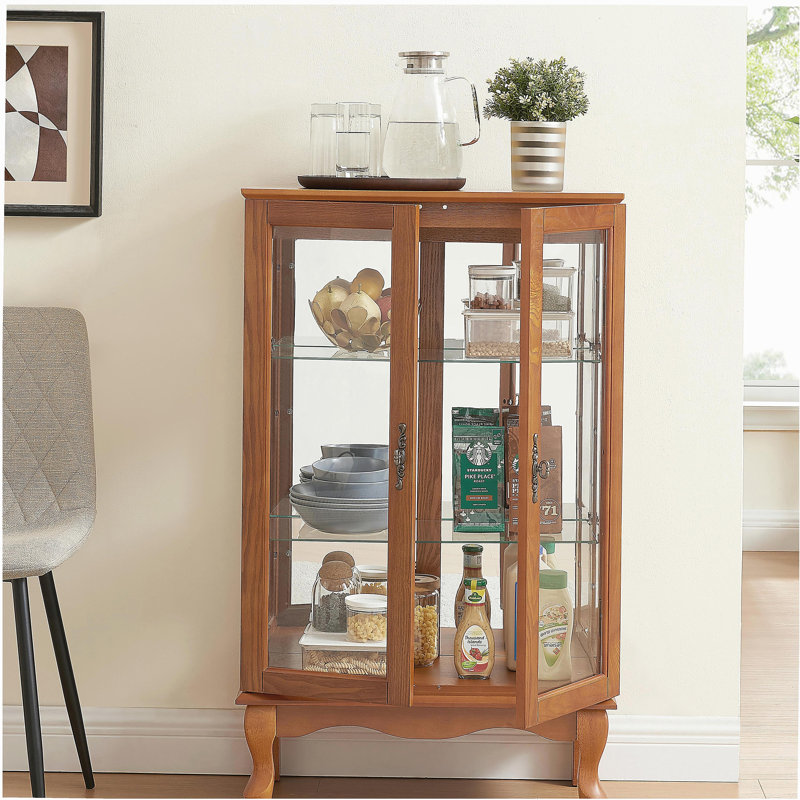 Armoire vitrée 2 portes avec portes en verre trempé, armoires vitrées avec panneau arrière en miroir et tablettes réglables, vitrine éclairée pour la maison, ampoule de bureau incluse