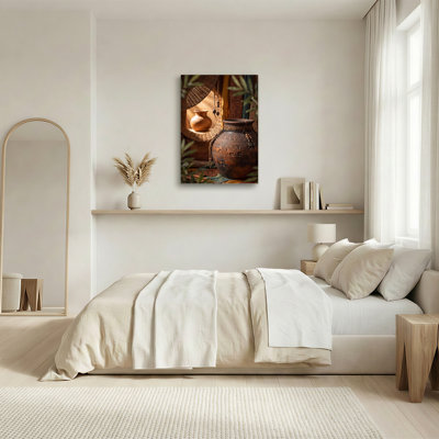 Art mural sur toile en pot sculpté avec miroir en osier et perles