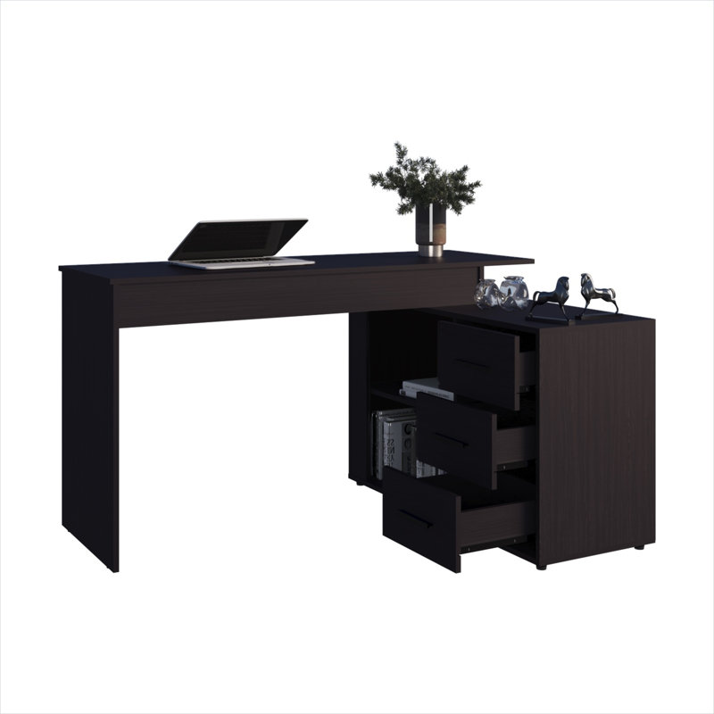 Bureau d'ordinateur en L avec tablettes ouvertes, panneau de particules noir élégant, poste de travail en coin pour bureau à domicile ou bureau