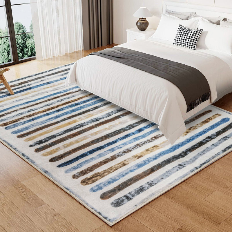 Non-Slip Machine Washable Colorful Modern Striped Area Rug in Blue/Brown/Yellow/Cream for Living Room, Bedroom, Hallway Runner Indoor Rugs