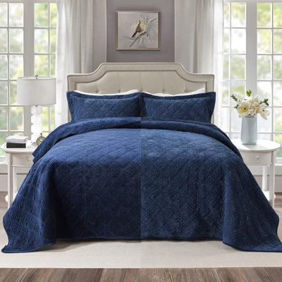 HoneiLife Corduroy double-faced velvet navy blue Quilting 3-Piece Queen Size Bedding sets