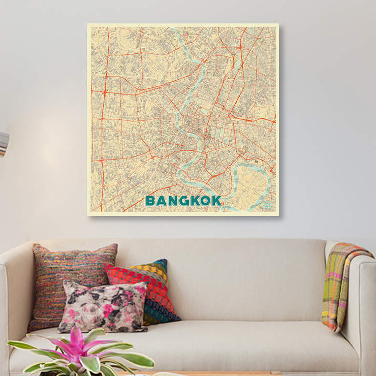 « bangkok rétro urban blueprint map », impression sur toile, H 37 po x l 37 po x P 1,5 po, Toile tendue, Pas de tapis