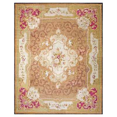 1860s Brown Traditional Floral Antique French Louis Philipe Period Aubusson Rug