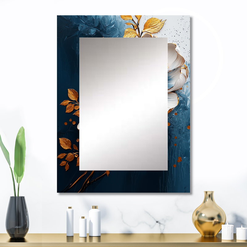 Pivoine fleurissant en or et bleu sarcelle - décor de miroir mural unique pivoine, grand miroir moderne, impression d'art en métal