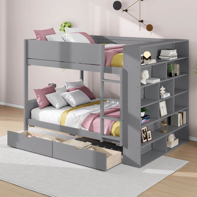 Full Over Full Bunk Bed With 2 Drawers And Multi-Layer Shelves, Wood Bunkbed With Full-Length Guard Rail & Ladder