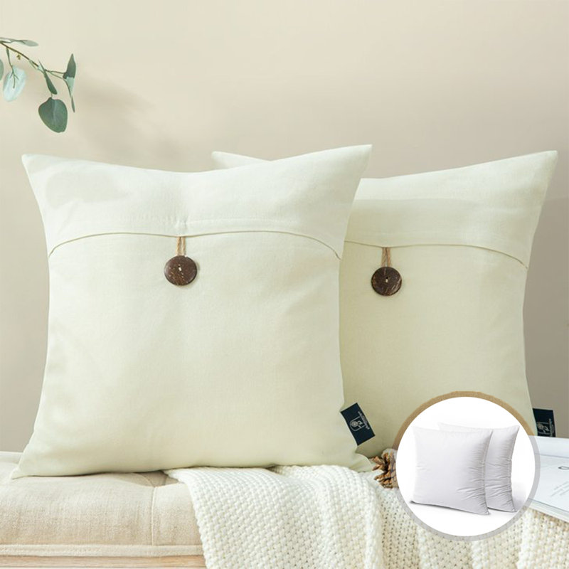 Textured Button Accent 20" Square Throw Pillow with Insert, Off White, Square 20", Polyester