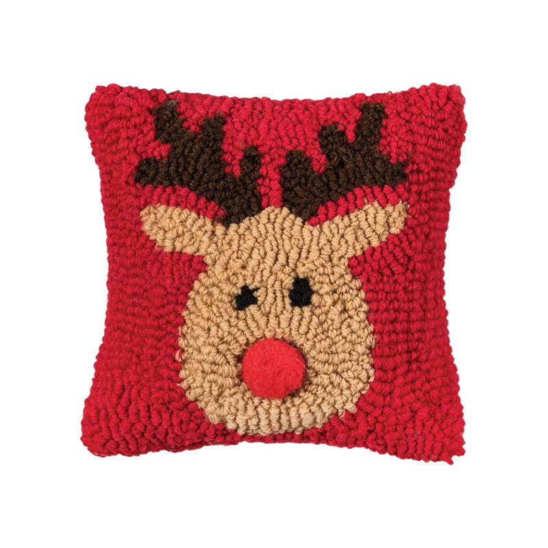 Petite Red Hooked Reindeer Christmas Accent Pillow