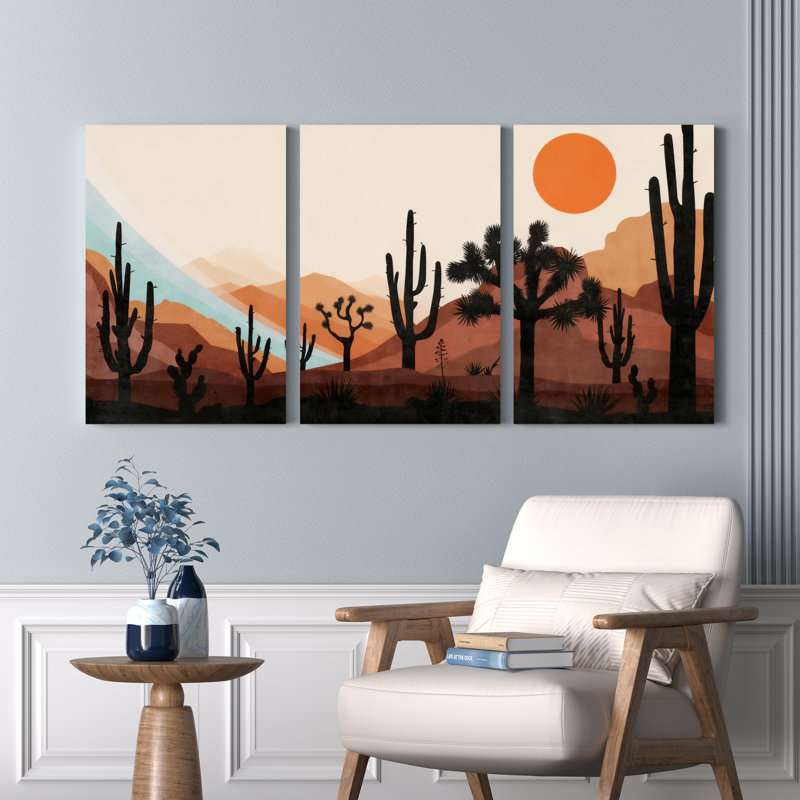 Ensemble de 3 tableaux sur toile représentant un paysage de cactus du désert, H 18 po x l 36 po