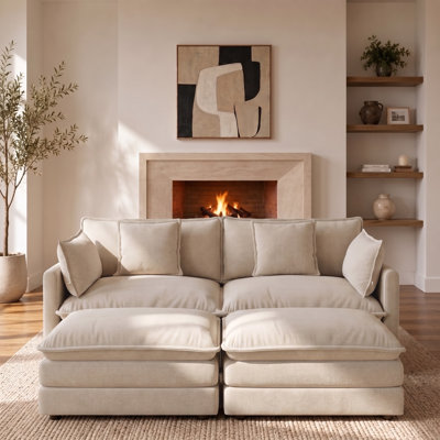 Canapé 2 places de 180 cm avec 2 poufs, canapé deux places en chenille rembourrée avec 2 coussins d'accoudoirs et 2 coussins décoratifs, canapé gain de place pour salon, chambre et appartement