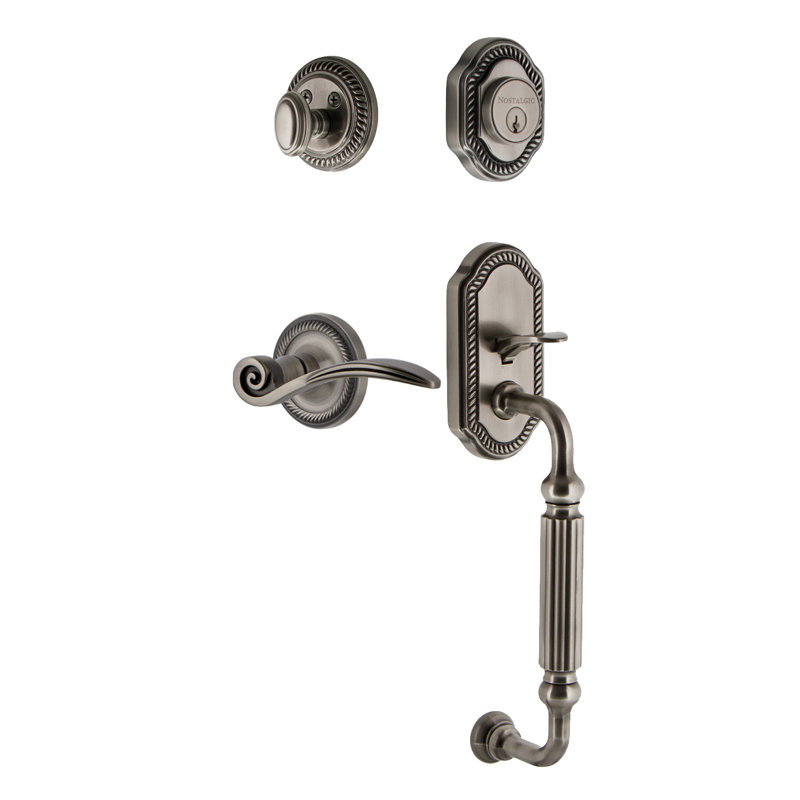 Nostalgic Warehouse Rope Rosette F Grip Handleset with Single Cylinder Deadbolt and Swan Lever, Antique Pewter, Right, 2 3/8"