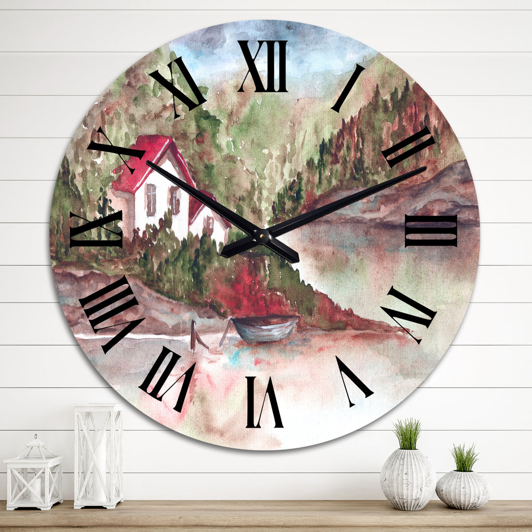A White House and A Forest By The Lake - Lake House Wall Clock East Urban Home 