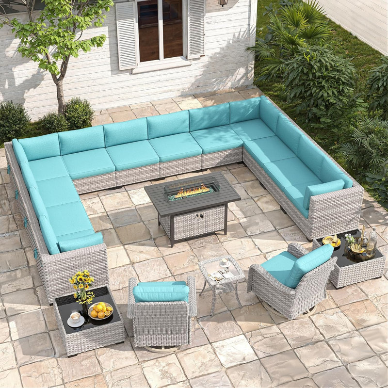 14 - Person Outdoor Wicker Patio Conversation Furniture Set with Fire Pit Table, Blue