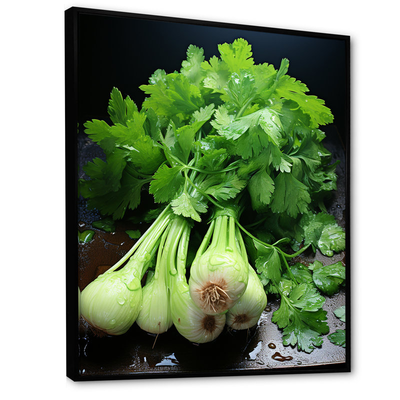 Herbes, coriandre, éclaboussure 1 - Art floral, H 32 po x l 24 po x P 1 po, Cadre flottant noir