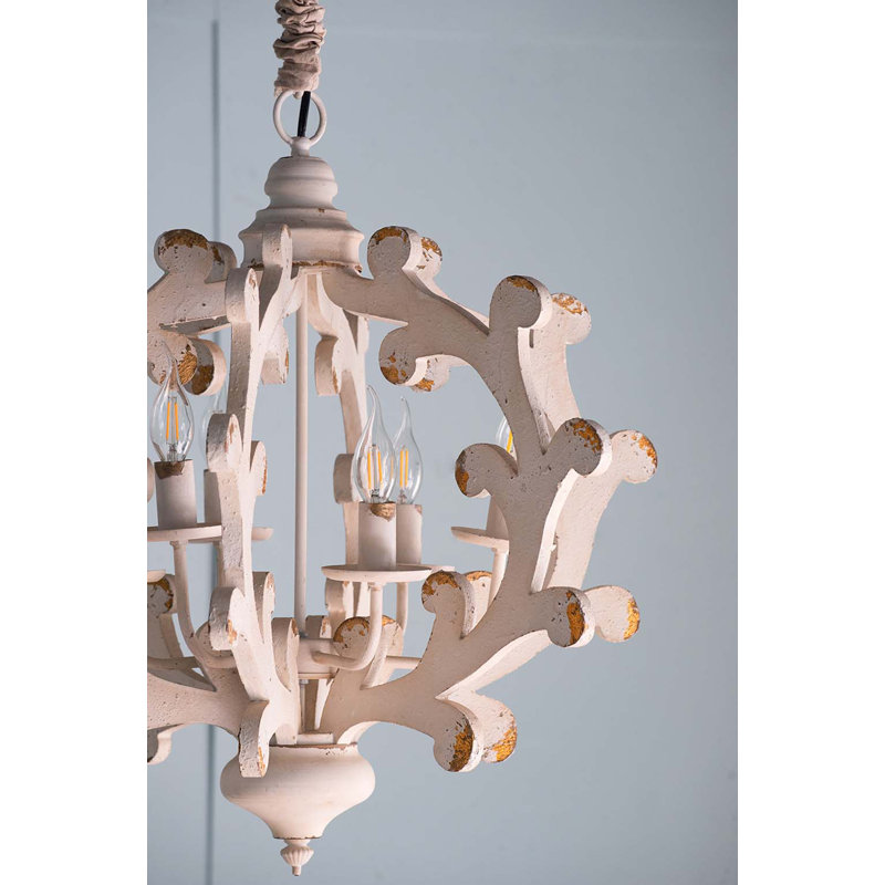 6 - Light Wood Chandelier, Hanging Light Fixture with Adjustable Chain for Kitchen Dining Room Foyer Entryway, Bulb Not Included