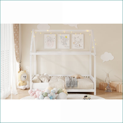 Full Size Pine Wood Platform Bed with LED &amp; Guardrail, White - No Box Spring Needed for Bedroom