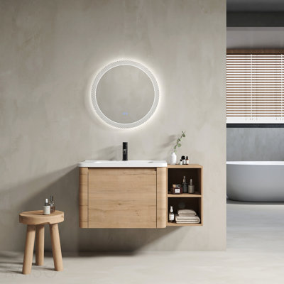 Meuble-lavabo mural de 40 po avec lavabo en céramique blanche et tablettes de rangement et 1 porte à fermeture en douceur, emballage Kd, contreplaqué