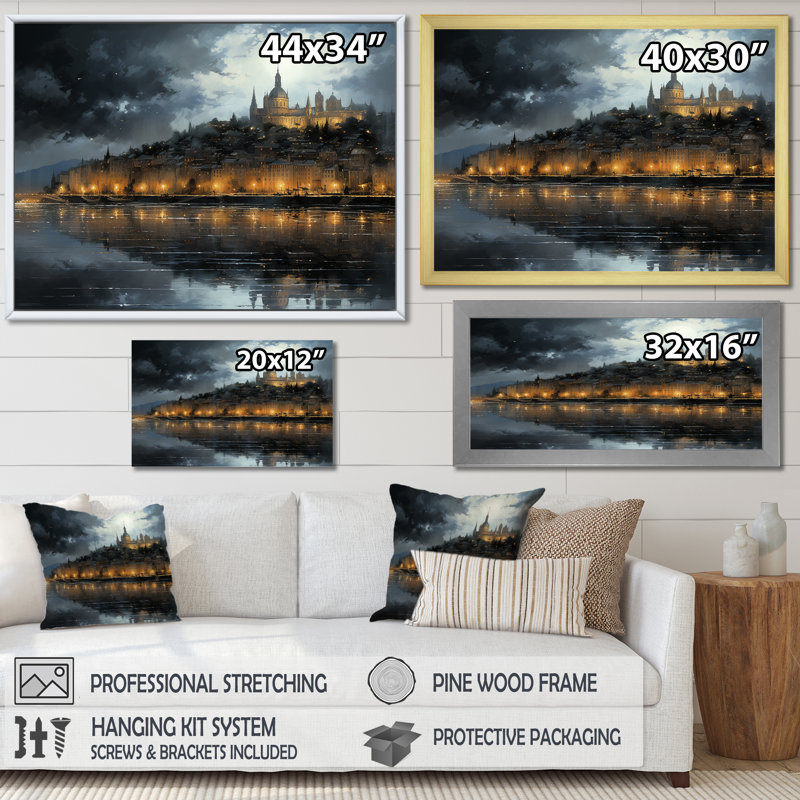 «French City of Lyon Landscape I», reproduction sur toile, Cadre flottant doré, H 34 po x l 44 po x P 1,5 po
