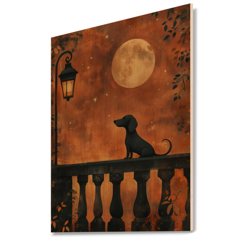 Balcon au clair de lune - Affiche murale en bois représentant un teckel, H 40 po x l 30 po, Rectangulaire