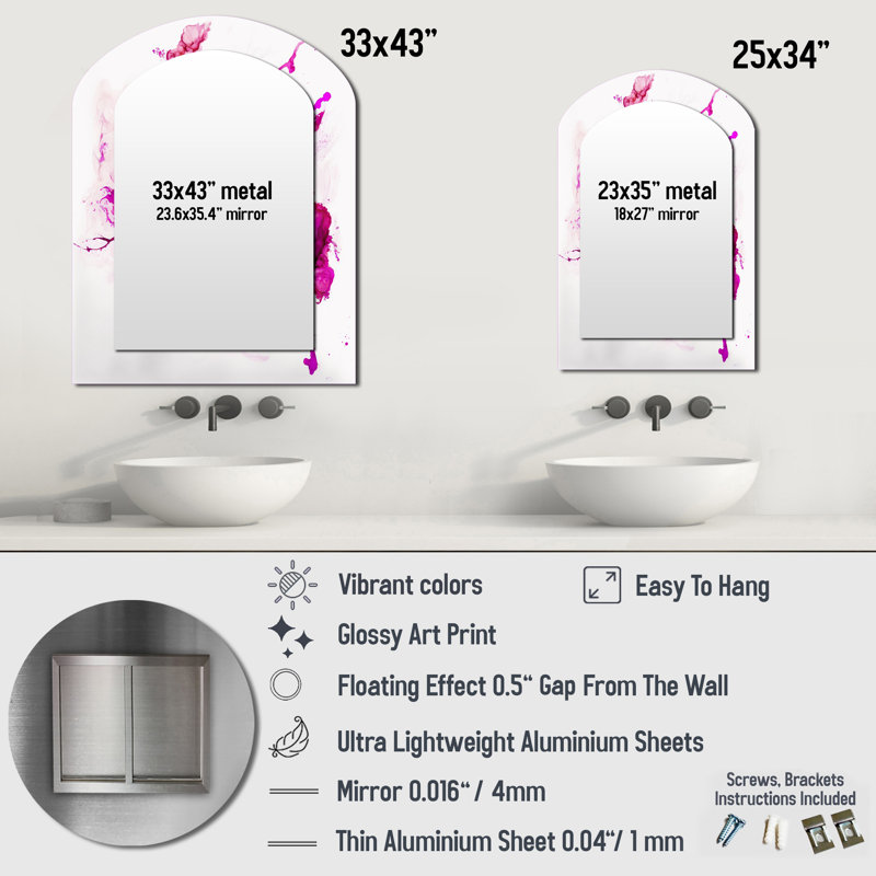 Viva Magenta Secret Wispers III - Liquid Ink Arch Wall Mirror, Pink Asymmetrical Decorative Mirror, Printed Metal Art