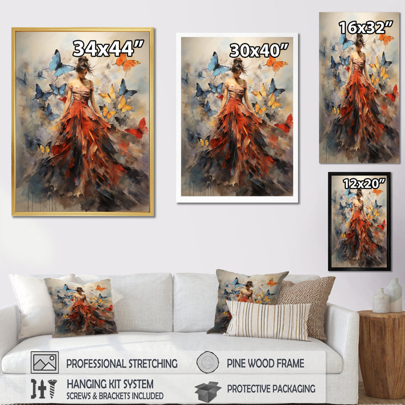 Papillon et femme dansant I - art mural papillon, H 40 po x l 30 po, Toile tendue, Sans cadre