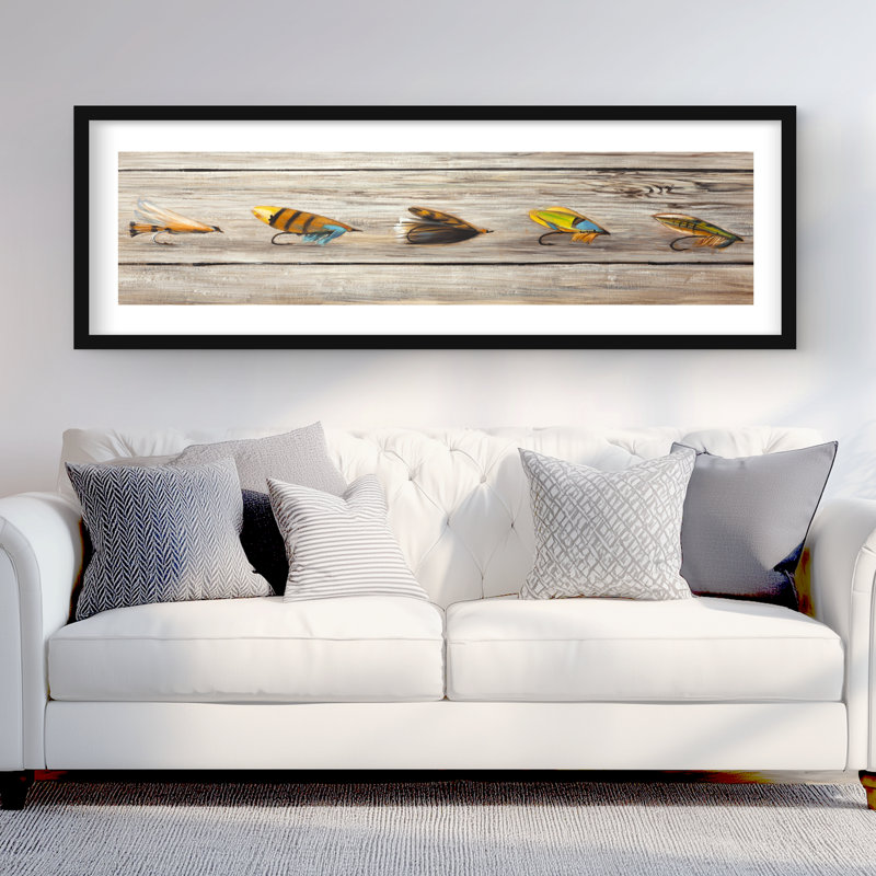 «Fishing Flies - Man Cave», reproduction encadrée avec passe-partout orange