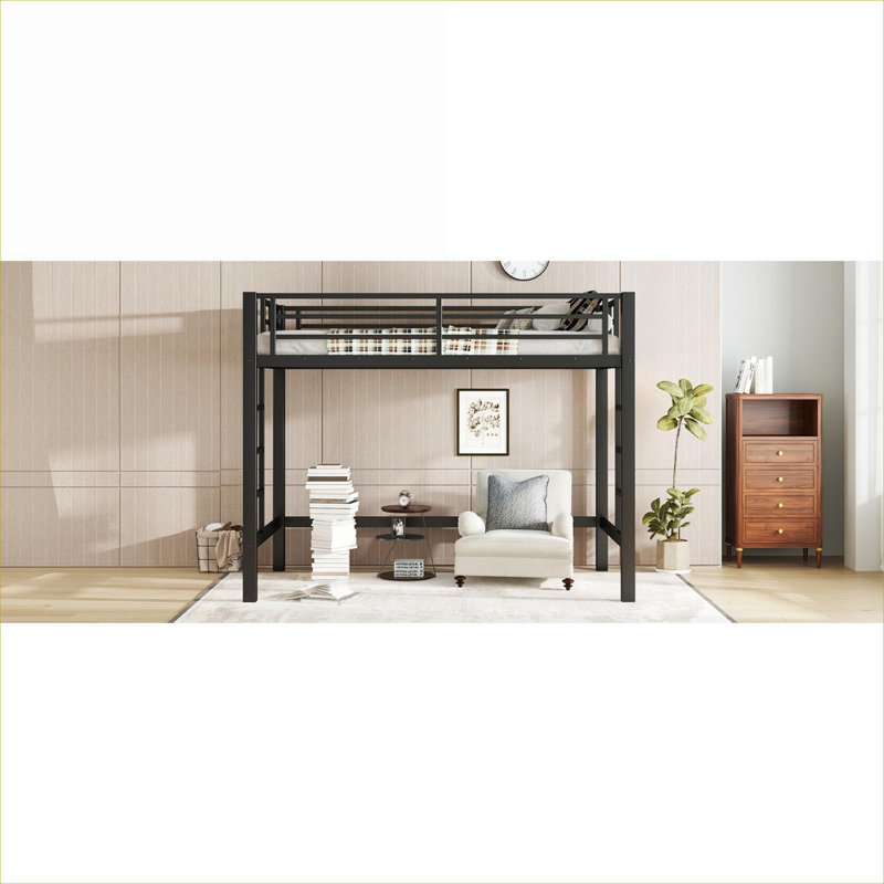 Structure de lit mezzanine en métal minimaliste, taille simple noire classique, conception ouverte sous le lit pour dortoir et petite chambre