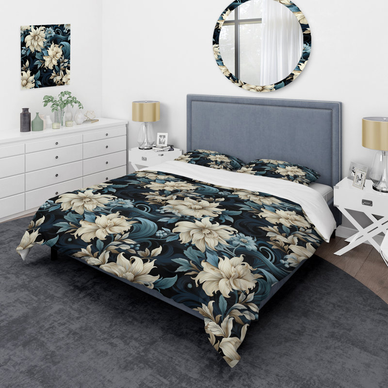 Ensemble de housse de couette à motif floral gris et beige, Housse de couette simple + 1 taie décorative stan