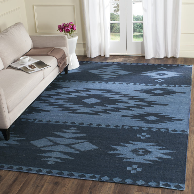 Laurel Canyon Flatweave Wool Southwestern Area Rug in Blue/Dark Navy, Rectangle 4' x 6'