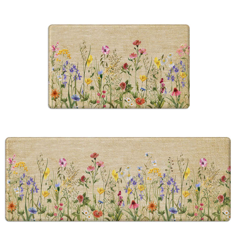 Anti-fatigue Kitchen Mats Set Of 2, Cushioned Waterproof Non-slip, Floral Wildflower Farmhouse Kitchen Rugs