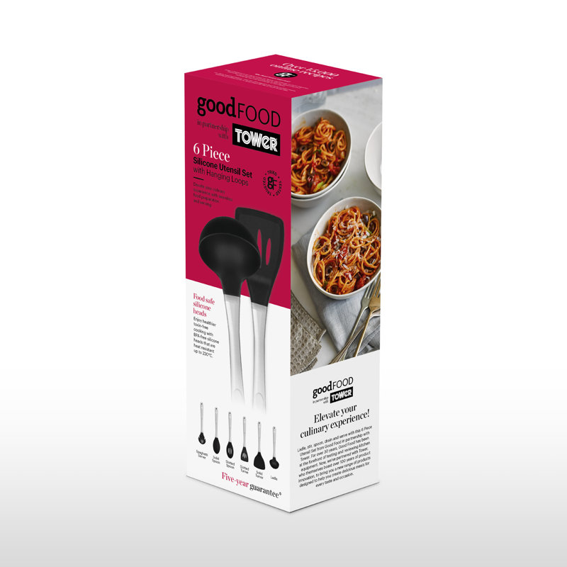 GF832252 Good Food in partnership with Tower 6 Piece Silicone Utensil Set, Spaghetti Server, Solid Spoon, Slotted Spoon, Slotted Turner, Ladle, Solid Turner, Hanging Loops, Stainless Steel Handles, Black