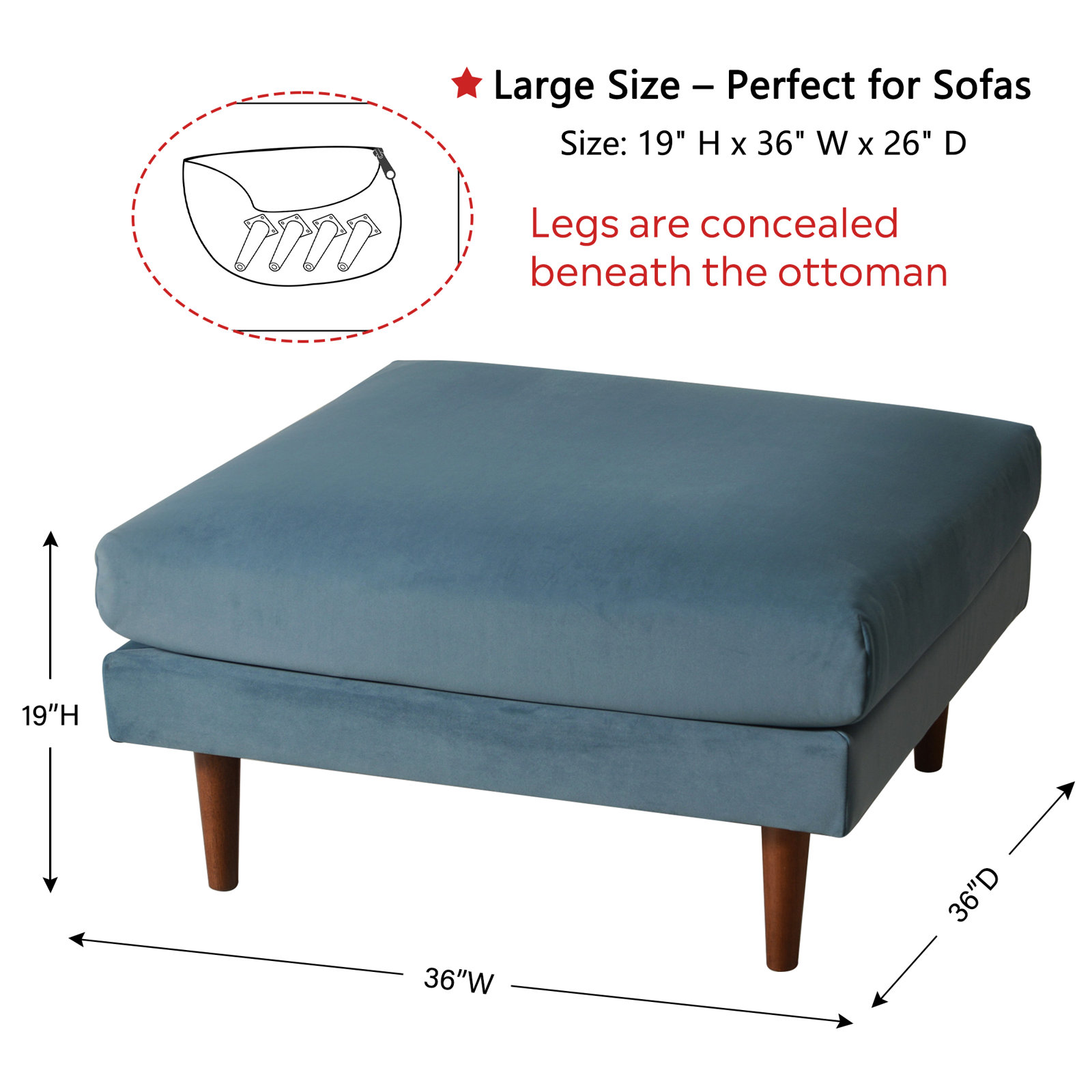 Miller 36" Upholstered Ottoman, Blue, 19" H x 36" W x 36" D