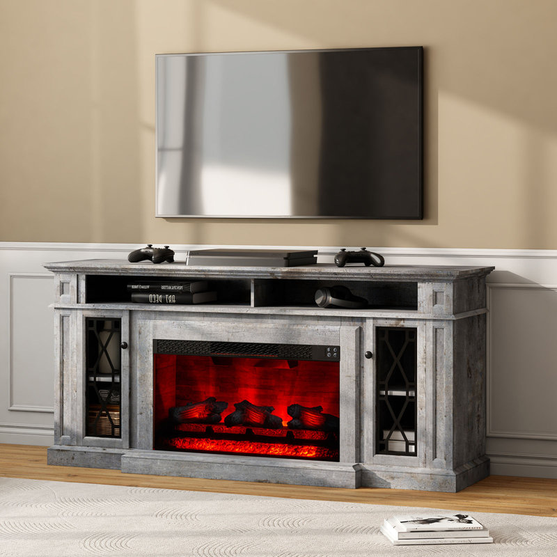  Cletus Farmhouse 70''W Fireplace TV Stand with Glass Doors/Adjustable Shelves, Gray, Gray