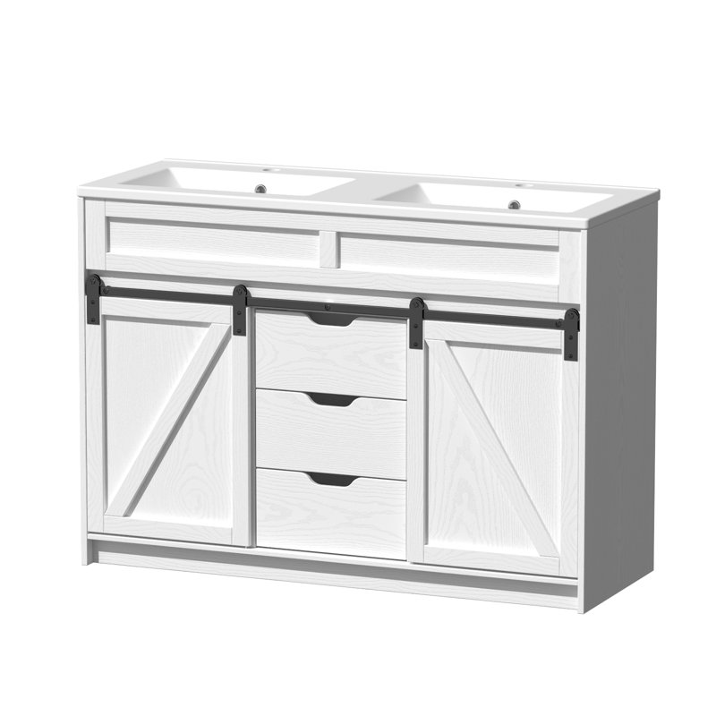 48" Farmhouse Double Sink Bathroom Vanity With Barn Door & Storage Drawers, White
